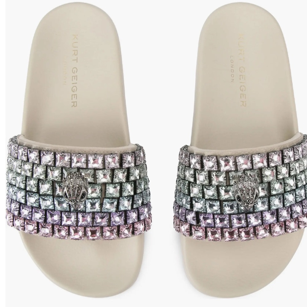 Kurt Geiger Ivory Slides with Pink, Purple and Silver Crystal Straps